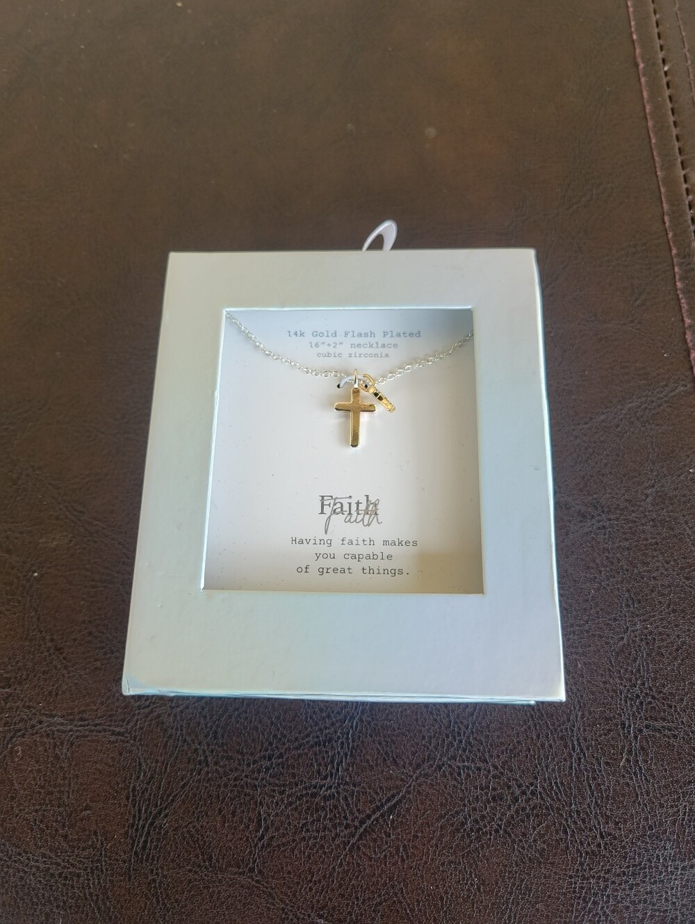 14K Gold Flash Plated Faith Necklace Double Cross Dainty Cubic Zirconia Silver